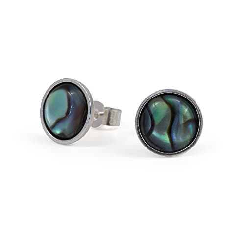 Sterling Silver, Abalone Shell Mens Stud Earrings, Bezel, 8 mm