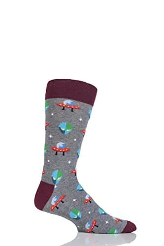 Mens 1 Pair Moustard Space Design Socks - Alien - Grey 7.5-11.5