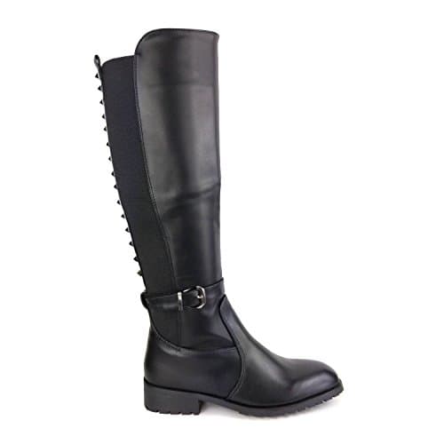Womens Knee High Boots | Metal Studded | Stretch Back | Black Leather