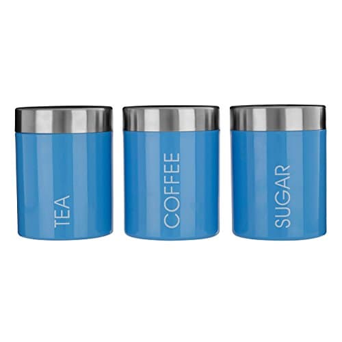 Funky Enamel Rubber Sealed Tea, Coffee and Sugar Set, Set of 3 Canisters Jars by Apollo Furnishings (Blue with Silver Lid)