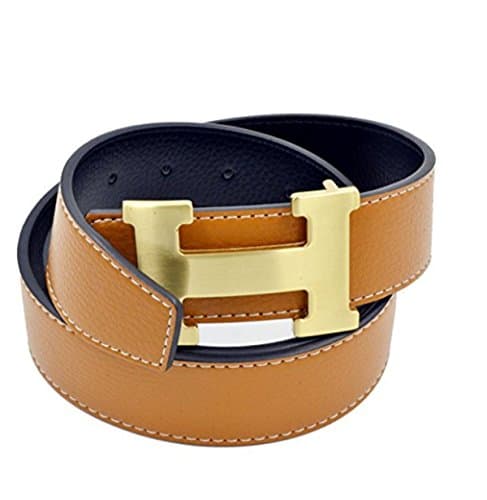 H Style Unisex Leather Belt (3.8 cm Width) (Brown / gold, 110cm)