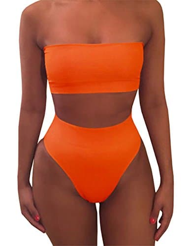 Sheler Women's 2 Piece Solid Bandeau Swimsuit Top Bottom Bikini Sets (Orange, L)
