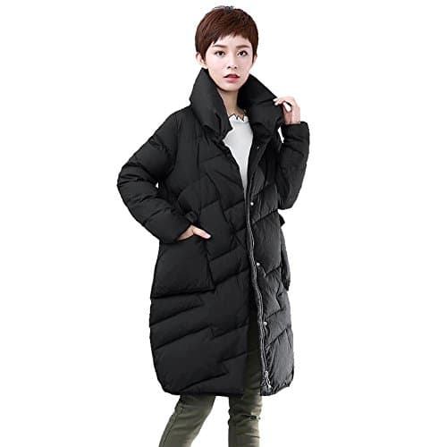 Women Down Jacket Stand Collar Long Sleeve Button Zipper Pocket Warm Windproof Thicker Parkas Puffer Coats . Black . M