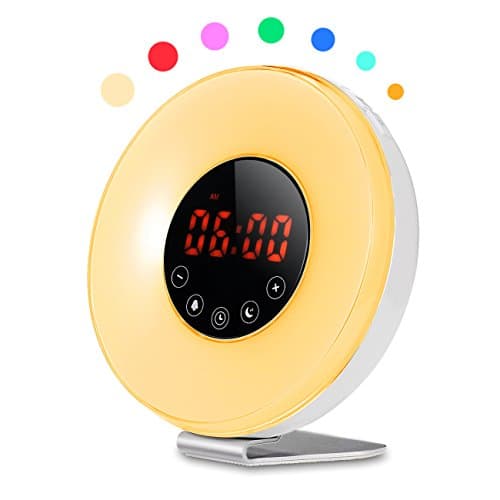 Wake-Up light Sunrise Alarm Clock, 10 Brightness Table Atmosphere lamp, Kids Moon Clock with 7 Colors & 6 Natural Sounds, FM Radio and Sunset Simulation
