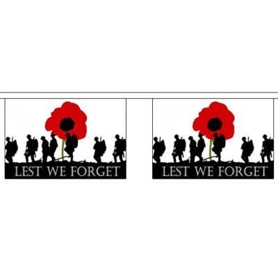GIANT 22.75 Metres 30 (18" x 12") Flag Lest We Forget Poppy Remembrance Day War Soldiers WW1 Centenary 100% Polyester Material Bunting Ideal Party Decoration For Street House Pubs Clubs Schools