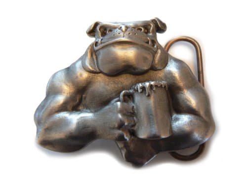 Bulldog drinking beer belt buckle