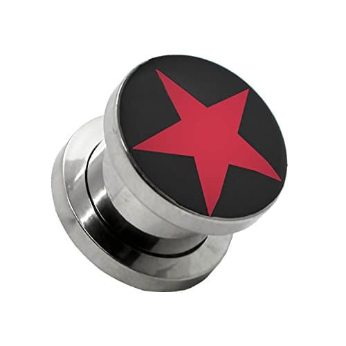 One Size or Set of 7 Flesh Tunnel Ear Plug Stainless Steel to Screw Red Star 2 3 4 5 6 8 10 mm, taille:10 mm
