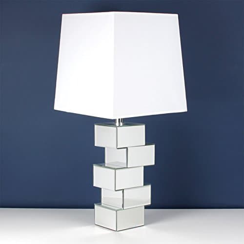 Contemporary Mirror Block Base Glass Table Bedside Buffet Lamp Light & White Shade 73 cm