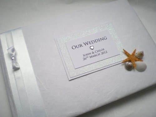 LARGE Luxury Boxed & Personalised Beach Theme Wedding Guest Book for Weddings Abroad and Overseas. Handmade to order. Beautiful white or ivory bespoke design with Sea Shells, Starfish, Ribbon.