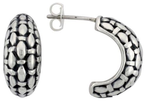 Sterling Silver Half Hoop Bali Style Post Earrings, w/ Freeform Design, 5/8" (16mm) tall