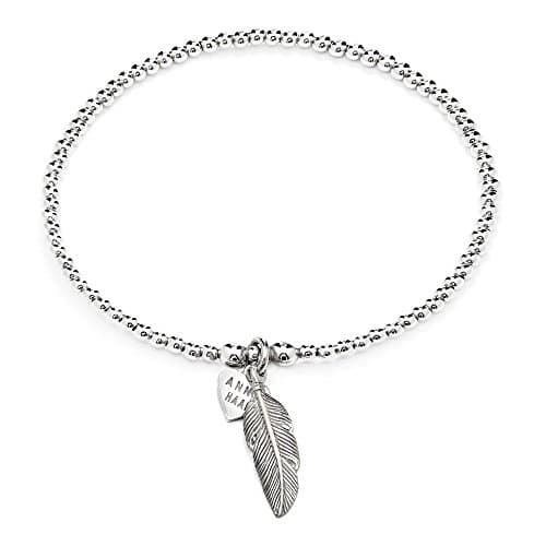 ANNIE HAAK 17cm Santeenie Silver Charm Feather Bracelet, Stackable Single Strand with Dainty Feather Charm, 925 Sterling Silver Bead Bracelet