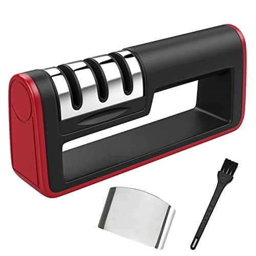 Knife Sharpener- Comsun Professional Kitchen Knife Sharpener 3 Stage Steel Diamond Ceramic Coated Kitchen Sharpening Tool with 1 x Hand Guard Finger Protector & 1 x Brush - Non-slip Base Chef Knife Sharpening Kit, Sharpens Dull Knives Quickly, Easy to Use