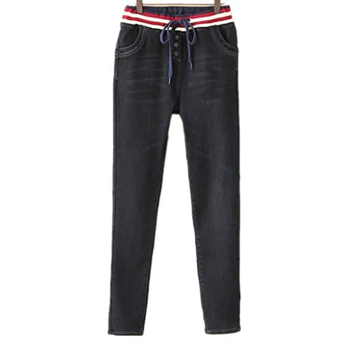 Wgwioo Women'S Jeans Thickened And Down To Keep Warm Elastic Waist Long Loose Solid Color Casual Denim Stretch Pants . Black . 34