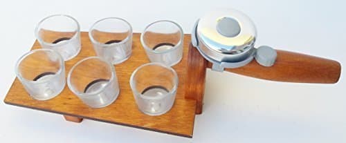Wooden Bricklayer Tool Shaped Tray with six 3cl Shot Glasses and a Bell on The Handle