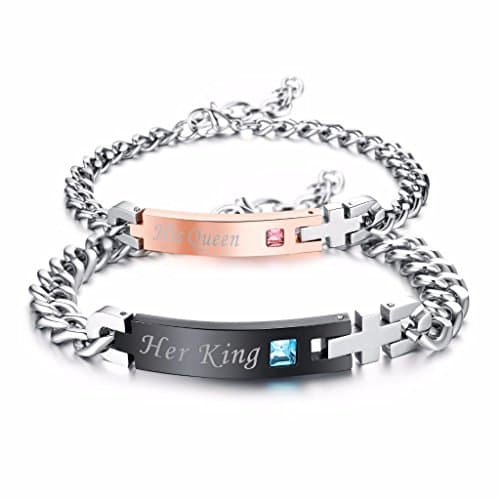 His Hers Matching Set Titanium Stainless Steel His Queen Her King Couple Bracelet 2 pcs with Gift Bag