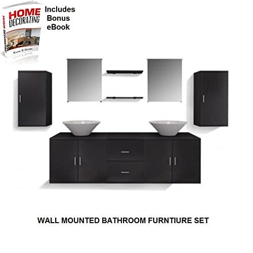 Bathroom Furniture Set Includes 2 Sink Basins Vanity Unit 2 Mirrors 2 Cupboards, Storage Drawers Black Contemporary Modern Sleek Design