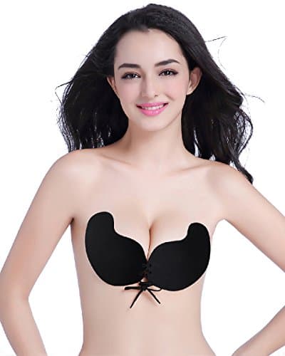 Aphrody Women’s Strapless Bra Self Adhesive Silicone Invisible Backless Push-up Bra with Drawstring (Cup C, M-Black)