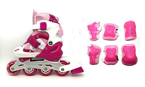 Children's Adjustable Inline Skates / Inliners with Complete Protection Set - Pink - Size S - Children's Size 11.5-13 and Adult's Size 0-1.5 (EU 30-34)