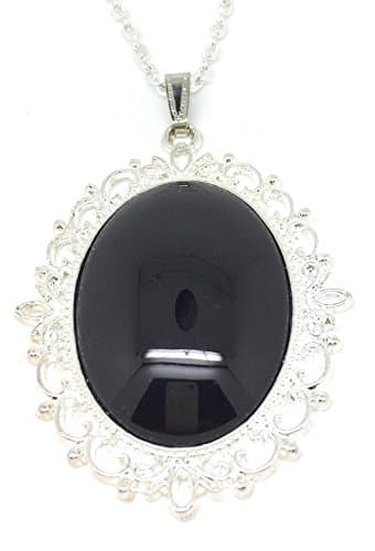 Chain + Pendant with 40 x 30 mm Cabochon Onyx Black Glass Silver Style from My World Glitter