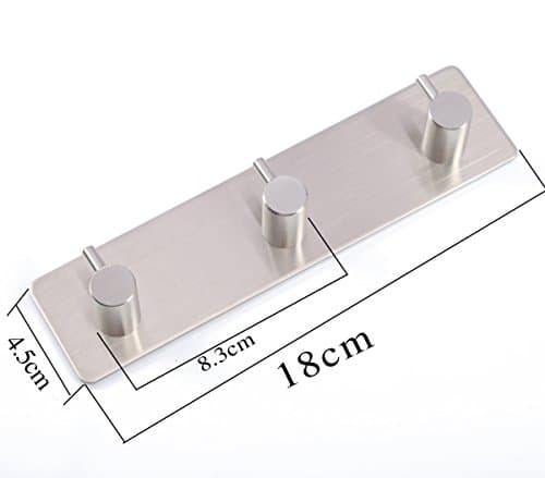 Self Adhesive Coat Towel Robe Hook Rack Rail, Brushed Finish Stainless Steel Hanger for Kitchen Bathrooms Lavatory Closets with 3 Hooks, Rust Proof and Water , Cool metal color