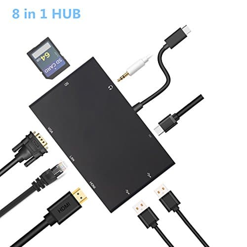 USB C Hub, Foxroar 8 in 1 Type C Adapter with 4K HDMI/VGA/RJ45 LAN Ethernet Gigabit/Card Reader/Audio Connector/2 USB3.0/USB-C Charging Port for MacBook/Chromebook And More Type-C Devices, Black