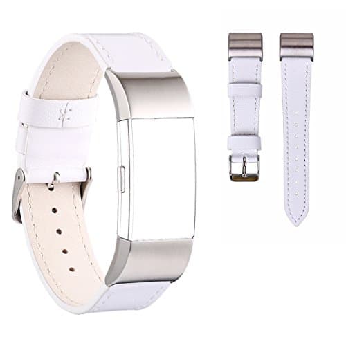 For Fitbit Charge 2 Strap, MeiC Power Crazy Horse Texture Sport & Outdoor Bands Smart Watch Leather Strap Replacement Wristband Bracelet with Adjustable Stainless Steel Buckle for Fitbit Charge 2 Heart Rate Tracker Small Size - White