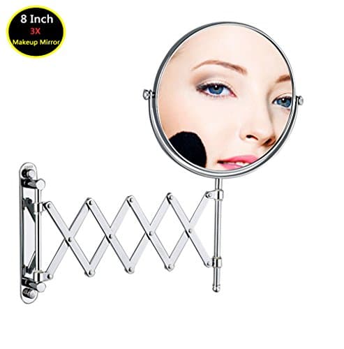 8 Inch Double-Sided Extension Wall Mount Mirror with 3X Magnification, Adjustable Foldable Extending Chrome Finish Vanity Mirror, Double Sides Magnifying Cosmetics Wall Mirror for Makeup Shaving Bathroom