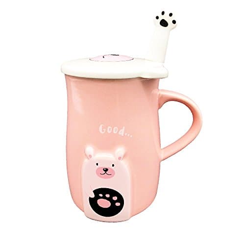 BITEYI Lovely Bear Ceramic Mug Cup Gifts,Cute Embossed Coffee Tea Milk Cups with Handle Lids and Spoon,Suitable Present for Friends and Family,460ml (Pink)