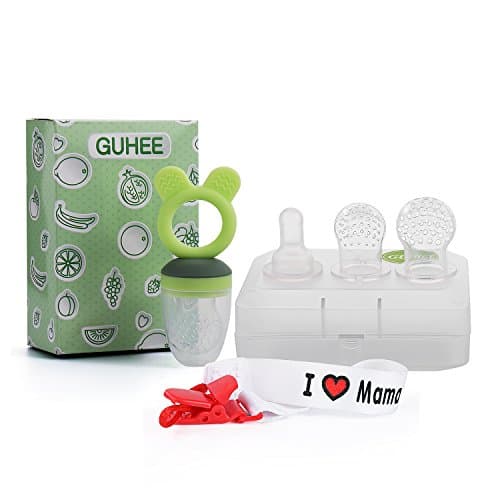 Fresh Food Feeder GUHEE Baby Soft Bite Pacifier Safe Silicone Teether Toys Nibbler Fruit Feeder Feeding Teething Nipple 2 Extra Nipples for Babies & Kids & Toddlers (Green)