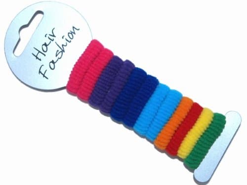 Useful pack of 12 mini ponios. Available in 4 colours; Black, Pastel shades, Bright shades or Red white black and blue. Useful hair accessory for little girls. (Brights)