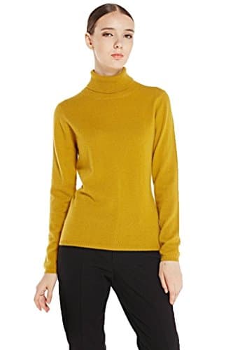 Miuk 2017 New Women's 100% Cashmere Sweater Basic Turtleneck Long Sleeve Jumpers Yellow M