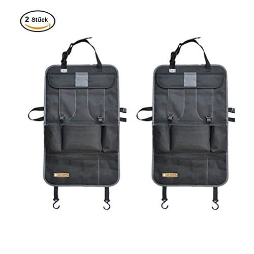 Car Seat Back Organiser-2 Pack, Feavor Auto Organiser Backrest Pocket, Back Protector with Kickback Organizer, Rear Seat Back Protector, Kick Mat Protector for Car Seat with Extra Large IPad.