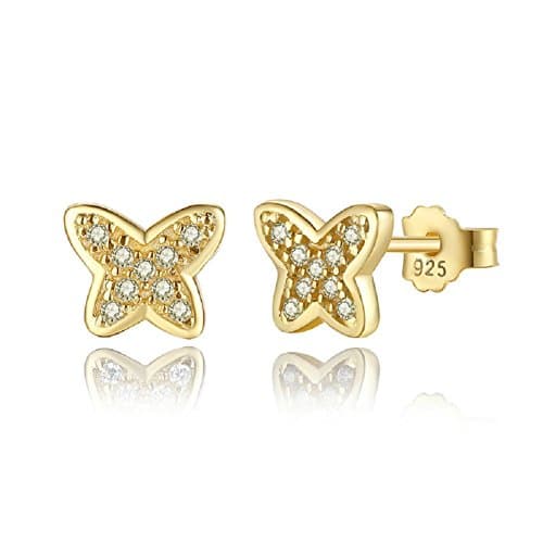925 Sterling Silver Earrings Studs Set with Clear Blue Cubic Zirconia Various Styles,Sold as Pair (Golden Butterfly)