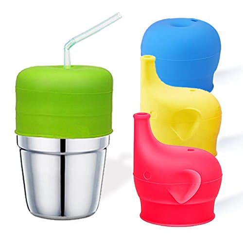 Silicone Sippy Cup Lids, TASUCY Make Any Cup Spill-Proof Training Cup or Bottle, BPA Free, Leak Proof for Babies Toddlers and Kids (2 Pack Straw lids + 2 Pack Elephant Spout Lids) (4PCS)