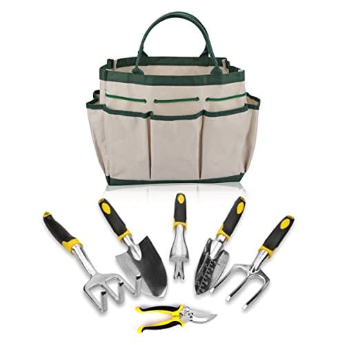 Splink 7 Piece Garden Tools Kit, Vegetable Herb Gardening Tools with Storage Tote Bag, 5Pcs Soft Rubberized Non-Slip Handle Garden Hand Tools Gardening Gifts