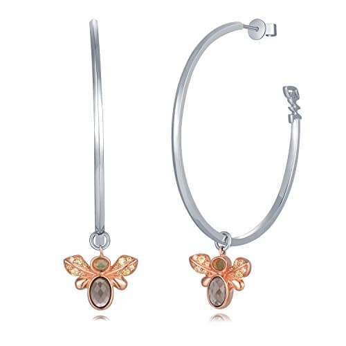 925 Sterling Silver CZ Cubic Zirconia Worker Bee Dangling Charm Round Hoop Stud Earrings (1.75 Inches) Valentines Day Jewellery Gift for Women Girl Teen