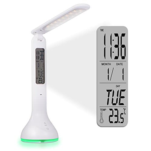 SENDIS GHUUHG251 LED Desk Lamp Touch Control Dimmable Bedside & Table Lamp with Calendar/ Alarm Clock/ Temperature 3 Level Brightness Eye-Care Touch Light for Reading, Relax and Sleep Mode (White)