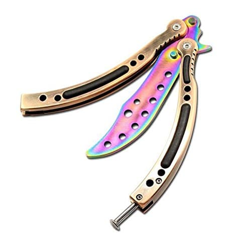 SchwartzPro Zone Folding Trainer Curved Stainless Steel Flip Trick Practice Tool with Holes CS/HDD14 (Rainbow knife - black copper handle)