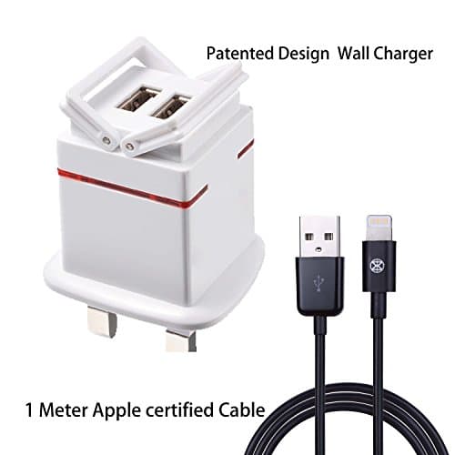 MITSUGAWA 2.1A 3 pin UK/BS plug dual USB travel charger power adapter for all iPhones (5S, 5C, 5, 4S, 3GS, 3G),iPad Air, iPad, iPad Mini, Apple iOS7, iPod,iPod Touch, Samsung Galaxy S5/S4/S3/Note 2/3, Digital Camera, MP3,GPS,Smartphones & Tablets (1.6A output, White color- (2 USB for apple) with apple certiifed lightning cable for iPhone 6/iPhone 5- MLP02-U