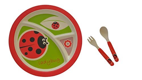 Kids Sectioned Plate, Fork & Spoon Bundle – Made from Bamboo Fibre in Ladybird Design by Mini Mumbler® | Tableware | Dinnerware | Mealtimes | Weaning | Eco-Friendly