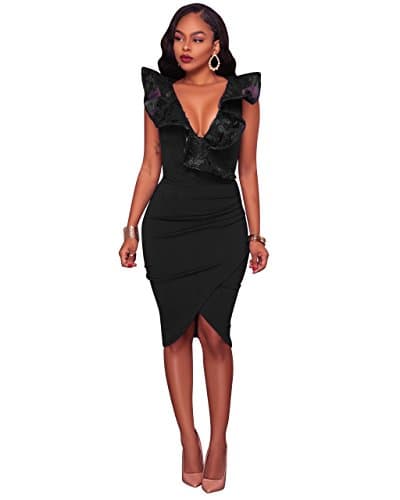 VERTTEE V Neck Ruffle Plain Bodycon Sleeveless Midi Tight Wrap Women's Party Dress Woman Dress (XL, Black Lace Neck)