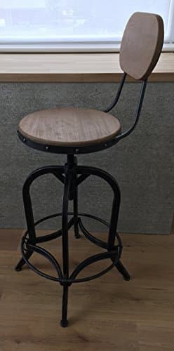 Bar Stool with Back Rest - Urban Vintage Retro Adjustable (68-83cm) Industrial Real Wood seat