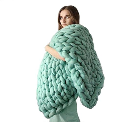 Handmade Giant Chunky Wool Knit Throw Sofa Blanket Hand-woven Bulky Blanket Home Decor Gift 130*170CM (Aqua blue, 80*100)
