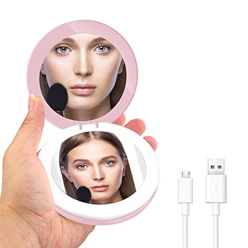 Compact Mirror - Travel Mirror 1X/3X Magnifying Mirror Small Lighted Makeup Mirror with portable charger for Women Men Cosmetic Make Up Hand Held Illuminated Pocket Folding Mirrors YALUYA (Pink Round)