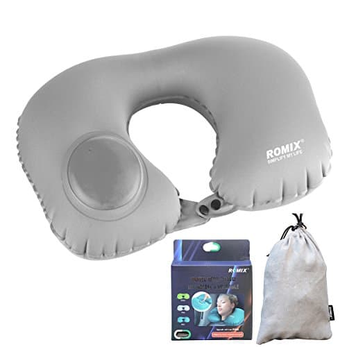 Inflatable Neck Pillow Support - Soft Travel Pillow U Shaped Airplane Pillows Cushion for Sleeping on Plane Car Bus - Traveling Pillow with Compact Drawstring Bag (Grey)