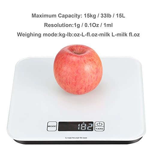Digital Kitchen Scales LCD Display Maximum Capacity 15kg & Include Batteries, Clean Tempered Glass Food Scales with Various Weighing Mode