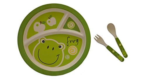 Kids Sectioned Plate, Fork & Spoon Bundle – Made from Bamboo Fibre in Frog Design by Mini Mumbler® | Tableware | Dinnerware | Mealtimes | Weaning | Eco-Friendly