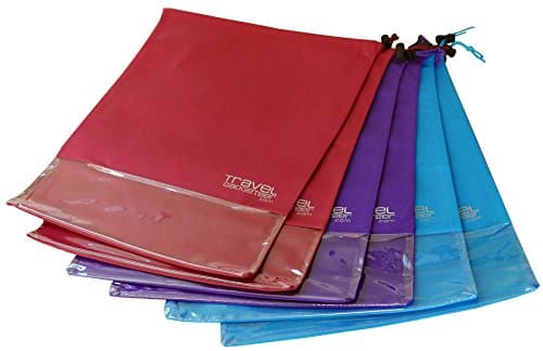 Shoe Bags (6-Pk) + See Through Window | Large | Keeps Dirt Out of Your Luggage (6-Piece Set, Teal Purple Burgundy)