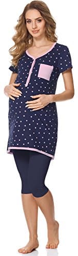 Bellivalini Women's Maternity Pyjama with Nursing Function BLV50-126 (Navy Blue Dots/Navy Blue, L)