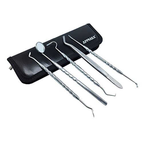 Appmax Dental Hygiene Kit For Home & Dentist Using | Calculus & Plaque Remover Set | Stainless Steel Tarter Scraper, Dental Pick, Dental Scaler, Toothpick And Mouth Mirror - Deep Teeth Cleaning Tools to Maintain High Oral Care - Tools used by Dentist - Specail for Pets Cat and Dog | Anti Bacterial Protective Case Offering Protector (Red Leather Pack)